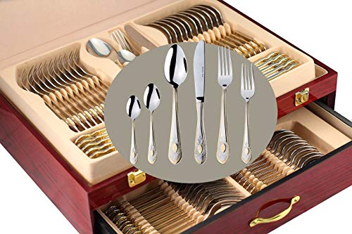 Venezia Collection Gold Flatware Serving Set for 12, 75-Pc Luxury Dining Silverware Cutlery Service, 24 Kt 18/10 Premium Surgical Stainless Steel Hostess Set in a Wooden Storage Case Chest