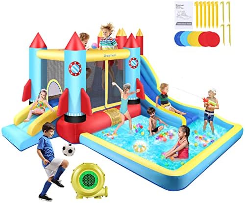 AKEYDIY Bounce House with Blower 7in1 Inflatable Bouncer Slide Bouncy Castle for Kids 3-12 with Slide,Pool,Climbing Wall,Bouncing Area,Rocket Jumping Castle Pool Splash/ball pit Indoor/Outdoor,13X11ft