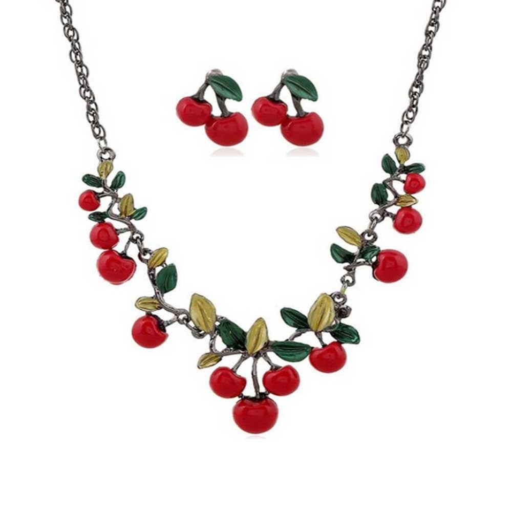 Clearance Deals Necklace+Earrings Retro Red Cherry Jewelry Set Necklace Earrings