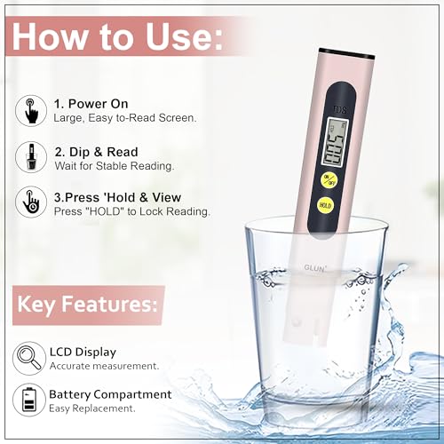 Image of GLUN Water Quality Tester Device TDS Meter, Pack of 1 Accurate & Reliable, 0-9990 ppm, Mulberry Mist Peach Colour, Ideal Testing for Drinking Water, Aquariums or Other