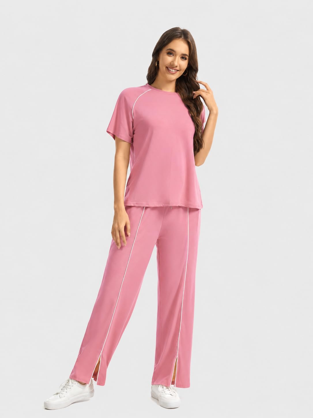 imbpceu Women's Two Piece Sets Casual Short Sleeve Top Wide Leg Pants Summer Matching Sweatsuit