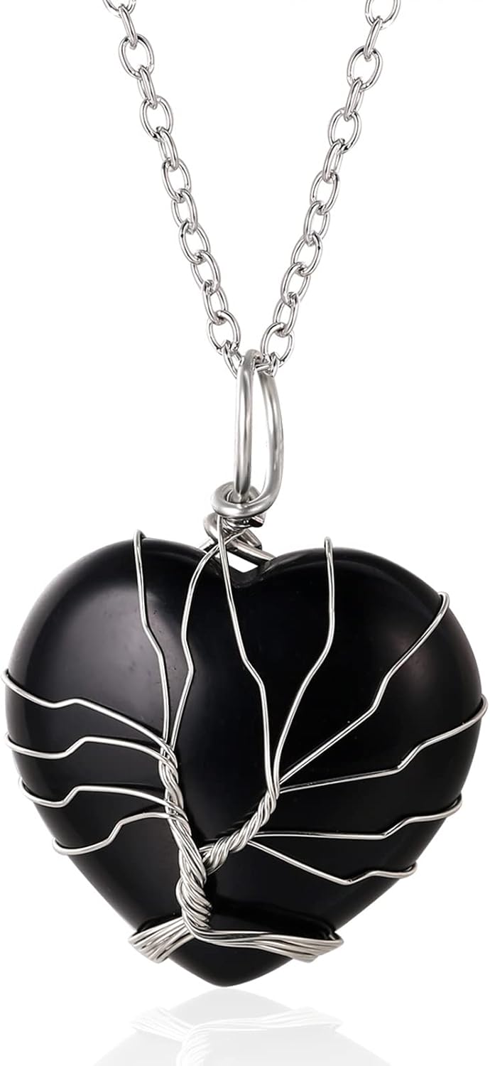 Halukakah Collar de piedra lunar LUNARLOVE Hecho a mano chapado en platino con alambre de árbol de la vida, colgante de cristal natural