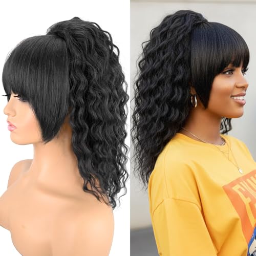 Rafabcici Ponytail Extension with Bangs Yaki Curly Drawstring Ponytail Extension for Women 20 Inch Long Black Wavy Layered Pony Tails Hair Extensions Synthetic Clip in Ponytail Hairpiece for Women