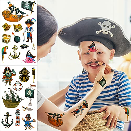 Pirate Tattoo(109Pcs), Konsait Pirate Temporary Tattoo Fake Neverland Pirated Skull Cannon Powder Tattoo Body Sticker For Pirate Birthday Party Favors Supplies For Kids Boys Girls Party Bag Filler #TOP26