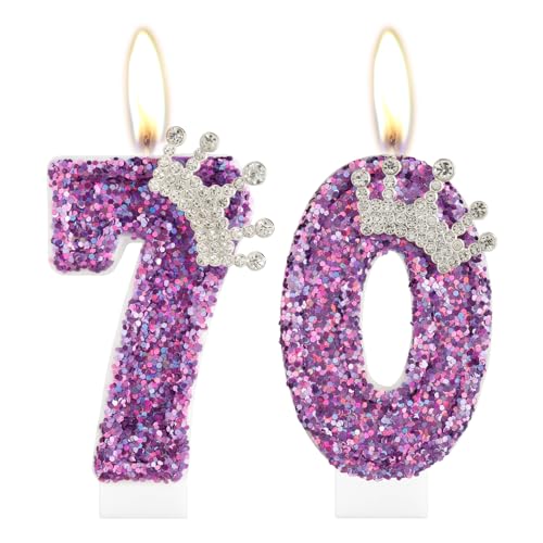 70th Birthday Candles for Girls, Purple Crown Number 70 Candle for Cake Topper Decorations for Girls Birthday Party Wedding Anniversary Celebration Supplies