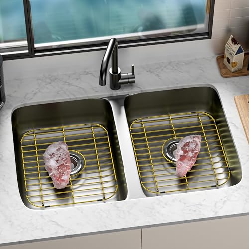 13" L×11-5/8"W Gold Sink Grids,Sink Protectors for Kitchen Sink 2 PCS,Golden Stainless Steel Sink Racks for Bottom of Sink,Sink Grates with Centered Drain and Strainers by SlimmKISS - Used condition - Image 7