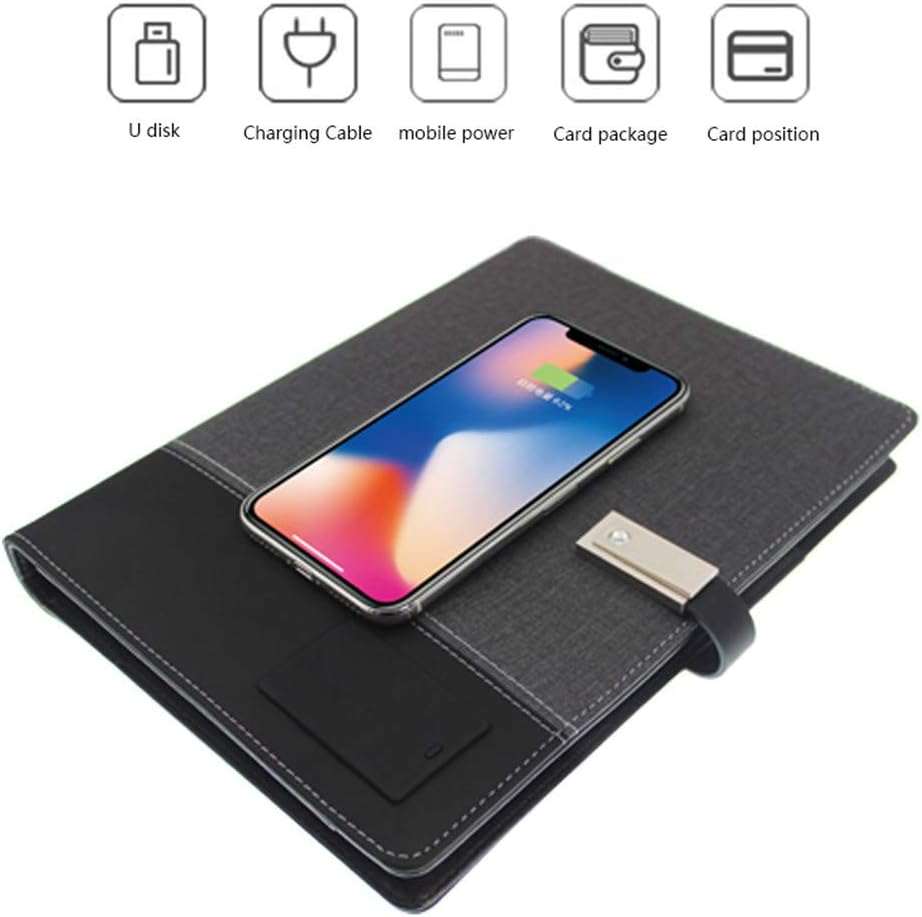 RENYAYA Power Bank Notebook Multi Functional Notebook with 8000 mAh Power Bank whit 16G U diskQi Wireless Charging Note Book Binder Diary Book