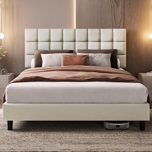 Yaheetech Polsterbett 160 x 200 cm Doppelbett mit Höhenverstellbarem Kopfteil, Stabiler Bettrahmen Stoffbett mit Lattenrost, Gepolstertes Bettgestell Bett, Beige