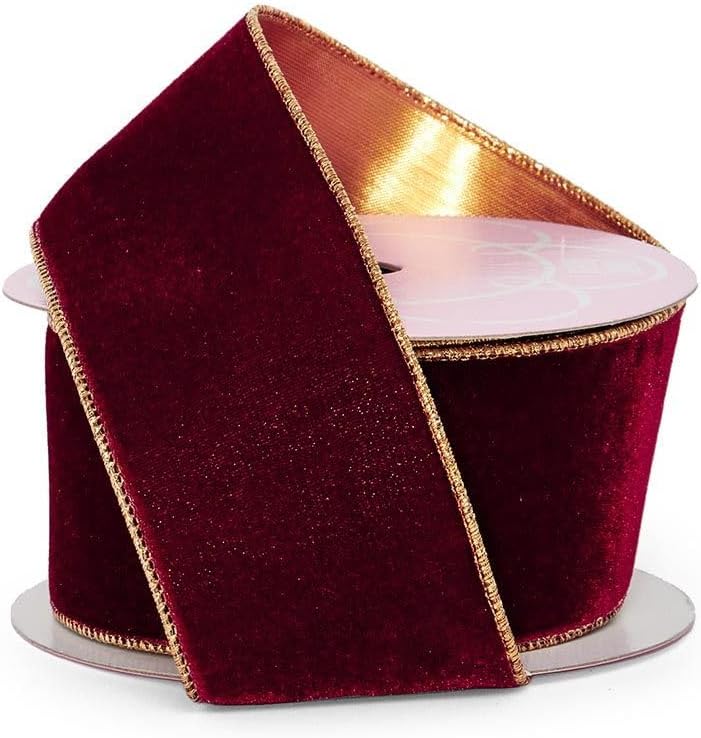 2 1/2" X 10 Yards Burgundy/Gold Thin Velvet Wired Ribbon