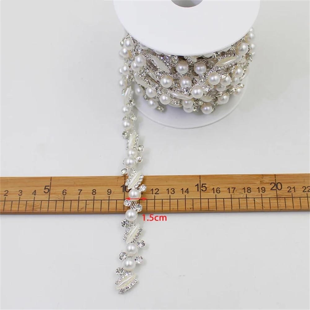 Generic 1/5Yards 1.5Cm Leaf Shape Pearl Crystal Chain Decoration Rhinestone Trim for Clothing Shoes Silver 5 Yards