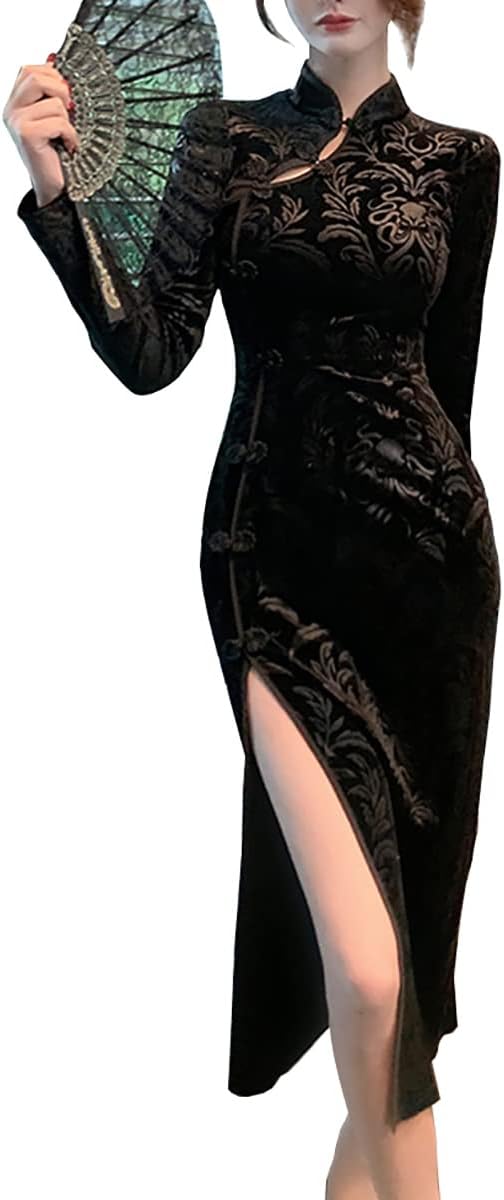 Women's Sexy High Slit Cheongsam Midi Dress Elegant Velvet Mandarin Collar Chinese Qipao Party Dress