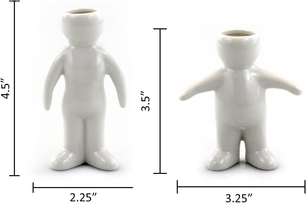 White Ceramic Woman and Boy People Shaped Planter with Live Tillandsia - 4.5" and 3.5" Potted Indoor Plants with People and Pet Shaped Air Plant Holders for Home and Office Decor