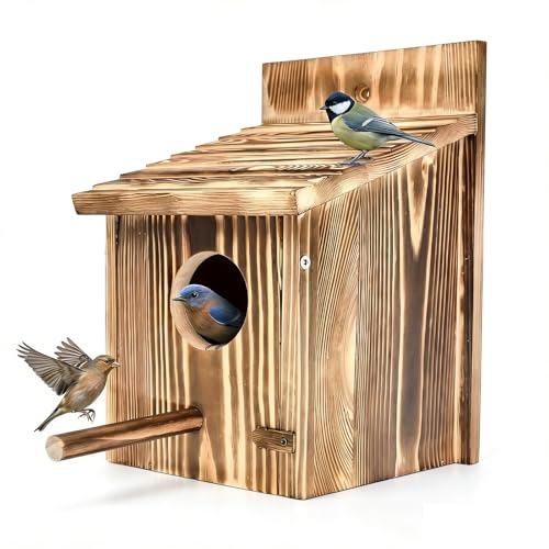 Puniama Bird House 15x15x22 Large Wooden Bird Box, Outdoor Hanging Birdhouse with Detachable Perch for Small Wild Birds, Robin and Sparrow Nesting Box for Garden