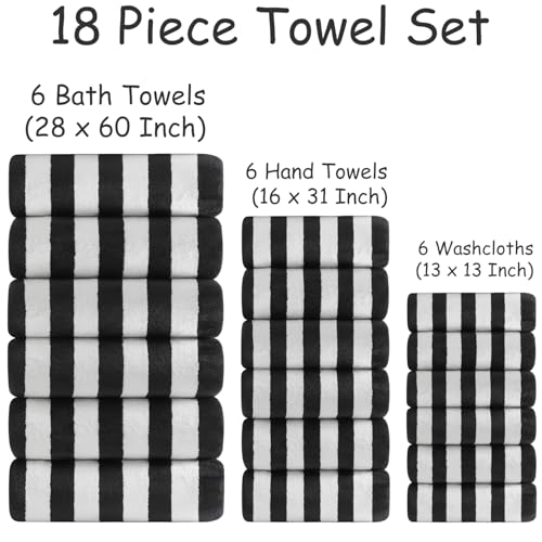 18 Pcs Black White Stripe Bath Towel Set with Hanging Loop-6 Bath Towels,6 Hand Towels,6 Washcloths Soft Family Towels Set Bathroom Towel Highly Absorbent Quick Dry Shower Towel for Beach Spa Gym by Oliven - Image 3