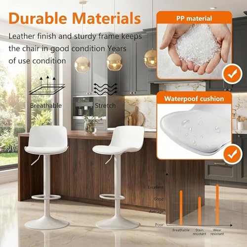 Kidol & Shellder White Bar Stools Set of 2 Adjustable Swivel Counter Height Stools with Back Modern Armless Faux Leather Padded Bar Chairs for Breakfast Kitchen Island by Kidol & Shellder - Used condition - Image 6