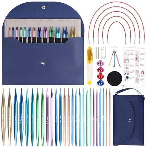 Coopay Interchangeable Circular Knitting Needles Set 13 Pairs Aluminum Interchangeable Knitting Needle 3mm-10mm Circular Knitting Needles Set with Case 5 Cables & Accessories for Beginners