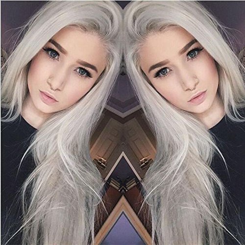 Peluca moderna y natural de encaje frontal sin pegamento. Pelo largo y liso de color gris plateado y resistente al calor Cover