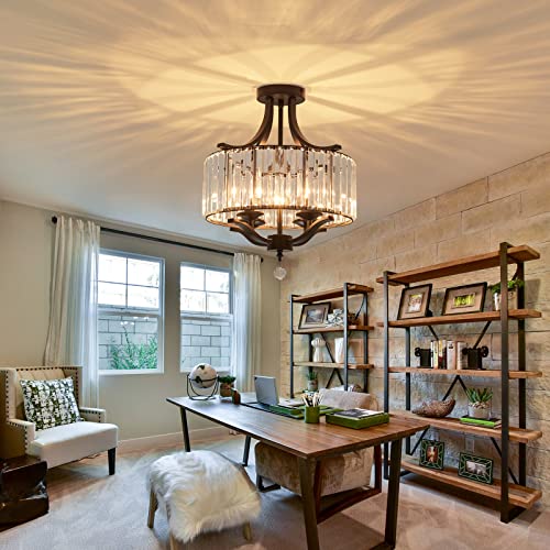 Dafkos Modern Crystal Chandelier 4 Lights Black Semi Flush Mount Ceiling Light Fixture E12 Metal Farmhouse Chandelier For Dining Room Bedroom Hallway Entryway Kitchen #TOP4