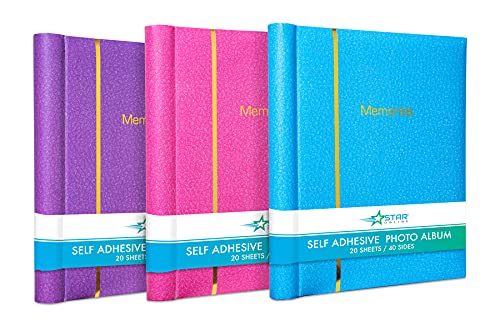 3 x Large Pastel Self-Adhesive Photo Albums with 20 Sheets/40 Sides each - Blue, Pink, Purple