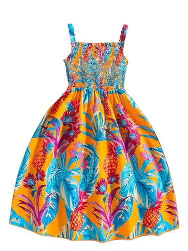Girl's Tropical Cami Dress Boho Shirred Sleeveless Square Neck Flowy Dresses