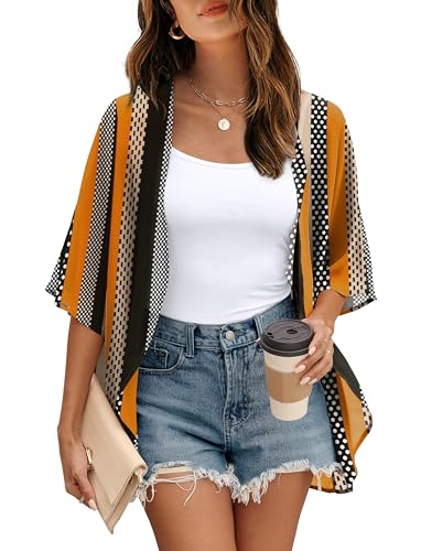 OFEEFAN 3/4 Length Sleeve Womens Tops Womens Blouses Dressy Casual Kimono Cardigans Swim Cover Up Stripes M