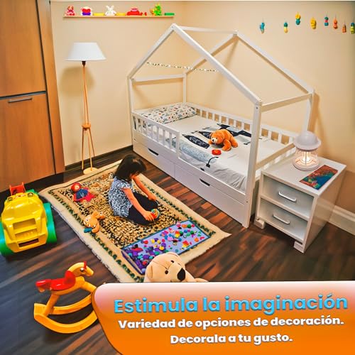 Miniatura 7 de Unicview Cama Infantil Estilo Cabaña De Madera Maciza Con 2 Cajones, Valla Y Somier, 90 X 200 Cm, Color Blanco Sin Colchón