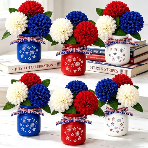 6 Sets Glass Mason Jar Patriotic Centerpieces for Tables, 4th of July Decorations with Artificial Red White Blue Flowers, Memorial Day Americana Farmhouse Table Decor