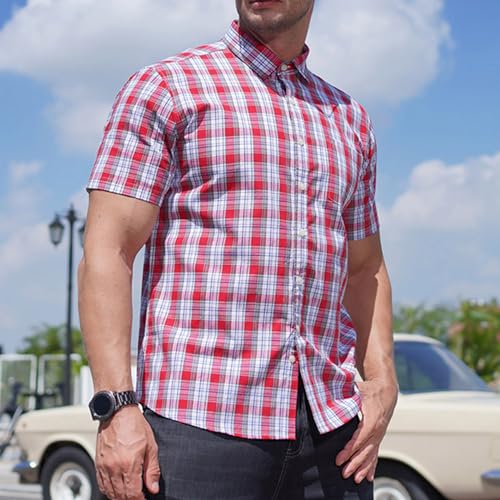 Men's Short Sleeve Shirt Casual Plaid Button Down Shirts Summer Lightweight Casual Beach Tees Classic Dressy Tops3