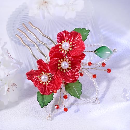 Peine decorativo rojo floral para boda con perlas miniatura 5