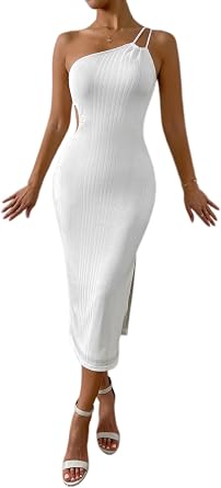 ALCEA ROSEA Womens One Shoulder Midi Dress Cutout Side Slit Bodycon Sleeveless Knit Ruched Cocktail Party Formal Dresses 5718