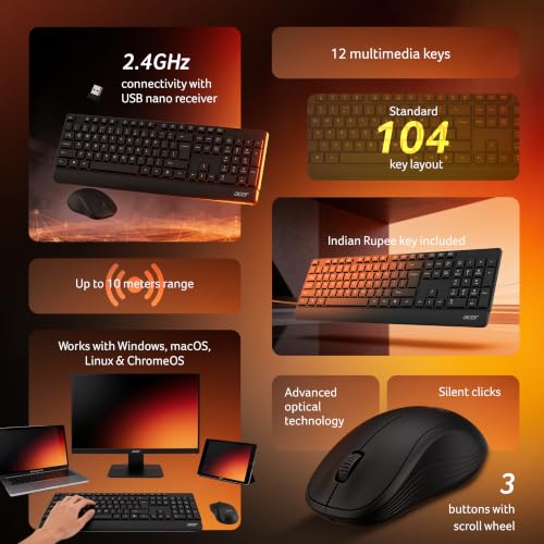 Image of Acer OfficeLite KM300 Wireless Keyboard & Mouse Combo | 2.4GHz USB Nano Receiver | 104-Key Full-Size Keyboard with Multimedia Keys | Silent Optical Mouse | Plug & Play | Windows, macOS & Linux - Black