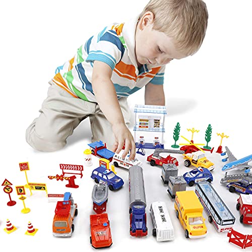 Liberty Imports Deluxe 57-Piece Kids Commercial Airport Playset In Storage Bucket With Airplane Toy, Play Vehicles, Fire Trucks, Police Cars & Figures, And Accessories #TOP6