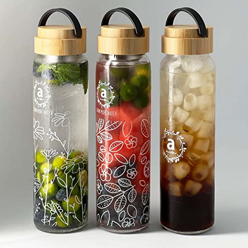 ameiin 32oz Borosilicate Glass Water Bottle with Bamboo Lid and 2 Tea Infuser Sets for Fruit Infused Water and Cold Brew Coffee - Glass Tea Infuser Bottle with Strainer for Loose Leaf Tea