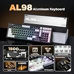 YUNZII AL98 QMK/VIA Clavier de jeu mécanique sans fil, en aluminium complet, BT/2.4G/USB-C, support d'étanchéité prélude à chaud 1800 La disposition, RGB Backlit pour Win/Mac (Noir, Lait V2 Interrupteur)