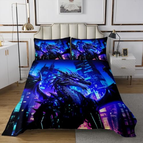 feelingyou Westlicher Drache Tagesdecke L Größe Urbaner mechanischer Organismus Bettwäsche Set für Erwachsene Teens Cooler stilvoller Stil Coverlet 2 Kissenschalen