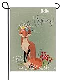 Uanvaha Fox Flower Small Garden Flag for Outside Hello Spring Red Floral Wreath Leaves Cute Cartoon