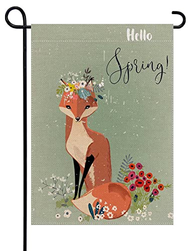 Uanvaha Fox Flower Small Garden Flag For Outside Hello Spring Red Floral Wreath Leaves Cute Cartoon Animal Burlap Welcome Yard Flags Outdoor Farmhouse Home Decor 12.5X18 Inch #TOP26