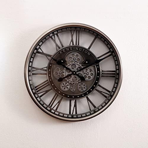 Infinity Time 21 Inch Real Moving Gears Wall Clock With Roman Numerals,Industrial Loft Vintage Steampunk Battery Operated Large Big Silent Clocks For Living Room Decor,Gunmetal Silver Grey #TOP6