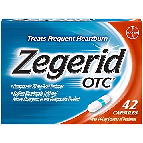 Zegerid OTC Heartburn Relief, 24 Hour Stomach Acid Reducer Proton Pump Inhibitor with Omeprazole and Sodium Bicarbonate, Capsules, (84 Count Pack)