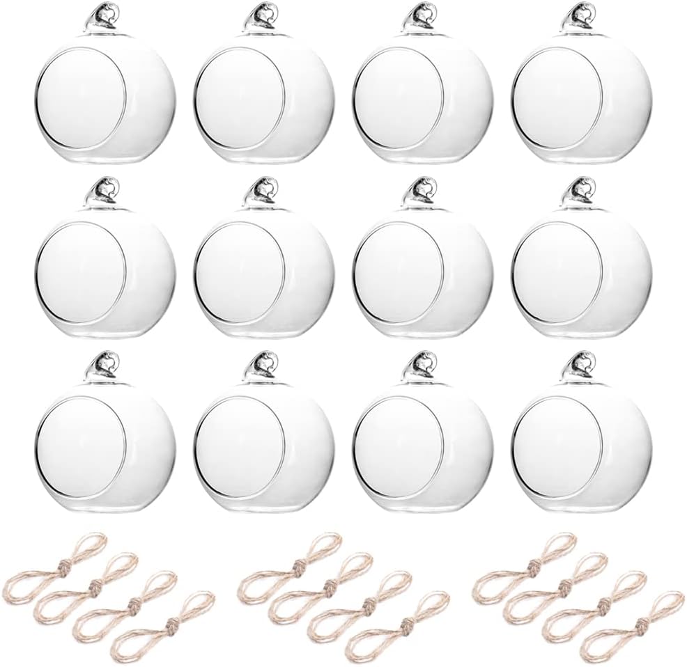 Hovico 12 Pcs Hanging Tealight Candle Hoder Glass Globes Terrarium, 2.36 Inches Diameter, Wedding Party Tree Decoration, Globe Ornament for Air Plant (12pcs)