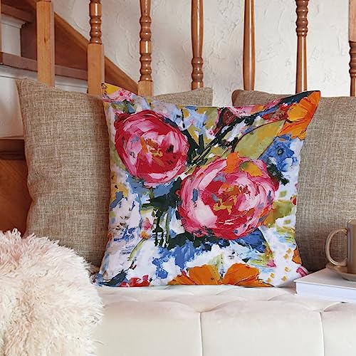 Aroggeld, Bright Floral Cushion Cover Pink Rose Pillow Cover Dorm Decor Colourful Pillow Farmhouse Home Decorative Pillows For Sofa Couch Living Room Housewarming Gift White Flax 18Inch #TOP5