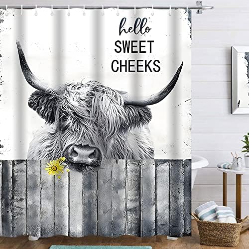 Famiffty Highland Cow Shower Curtain Farmhouse Shower Curtains 60Wx72L Inch Country Funny Rustic Bathroom Decor Hello Sweet Cheeks Western Farm Cattle Daisy Cute Waterproof Polyester Fabric 12 Hooks