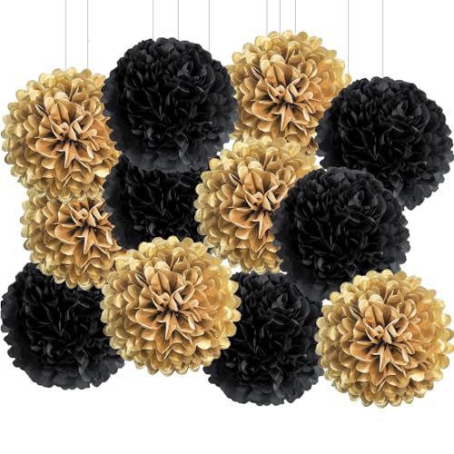 12 Stück Seidenpapier Pompom Schwarzes Gold, Hängende Papier Pompon Papierblumenkugeln Papier Pom Poms Seidenpapier-Pompons Fur Neujahr Silvester Abschluss Geburtstags Bachelor Party Deko