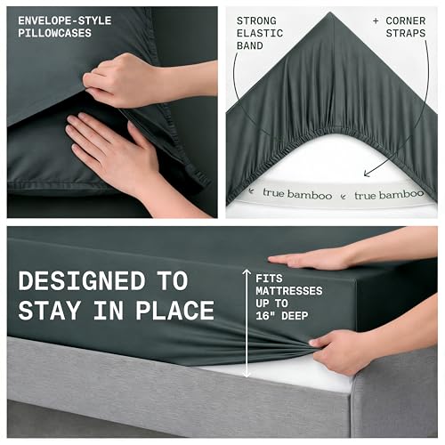 Image of True Bamboo Sheets Set California King Size - Silky Soft Luxe 4 Piece Bed Sheets with Breathable & Moisture-Wicking Fabric - 16 inch Deep Pocket with Corner Straps