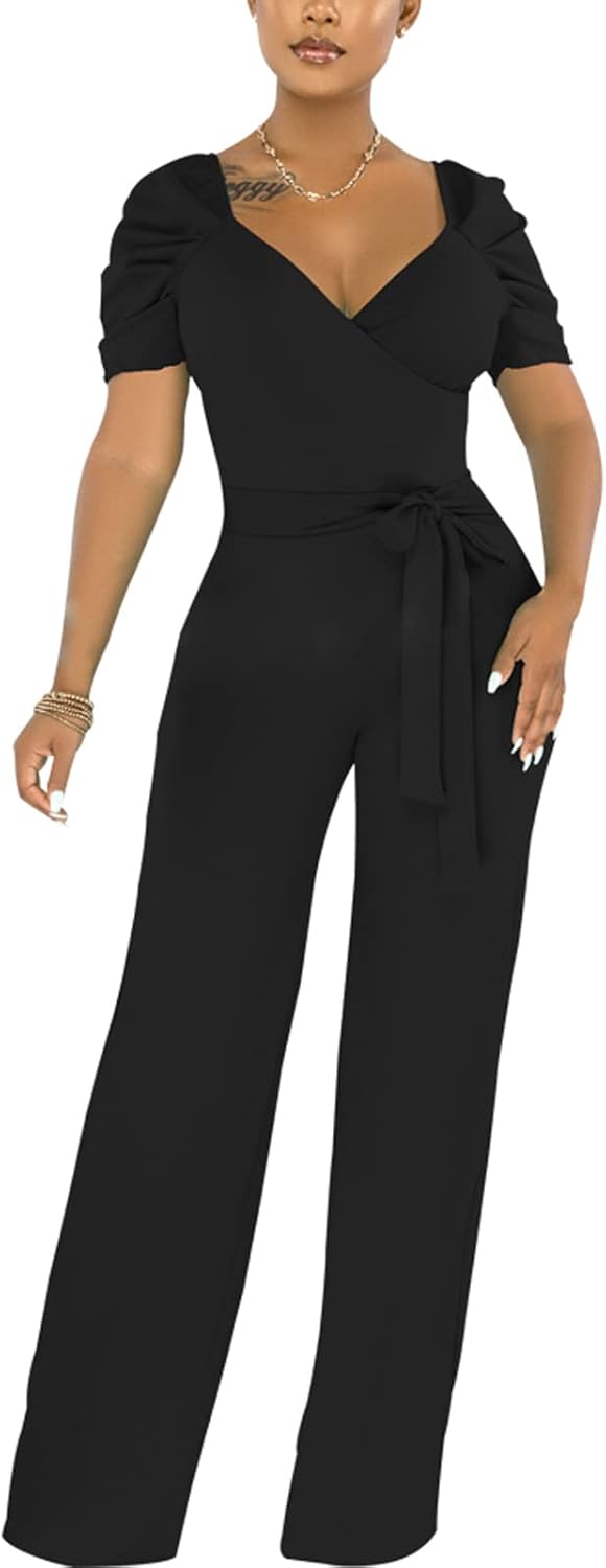 ZonJie Sexy Jumpsuits for Women Summer Plus Size Short Sleeve Party Rompers Dressy Club Wide Leg Long Pants