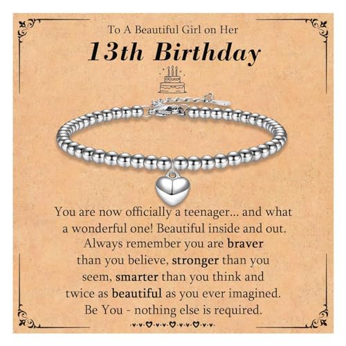 KORAS 13th Birthday Gifts for Girls, Heart Charm Bracelet Birthday Bracelet Gifts for 13 Year Old Girls, 13th Birthday Presents