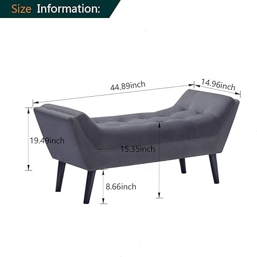 Miniatura 2 de Alunaune Banco otomano de terciopelo para dormitorio, banco de entrada tapizado, reposapiés otomano con patas de madera, 2 plazas, color gris oscuro