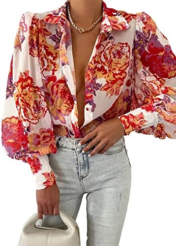EVALESS Womens Tops Long Sleeve Shirt Cute Print Blouses for Women Fashion 2023 Red Button Down Shirt for Women Dressy Casual Boho Clothes Outfits for Holiday Sexy V Neck Tops for Spring Fall,Small