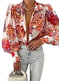 EVALESS Womens Tops Long Sleeve Shirt Cute Print Blouses for Women Fashion 2023 Red Button Down Shirt for Women Dressy Casual Boho Clothes Outfits for Holiday Sexy V Neck Tops for Spring Fall,Small
