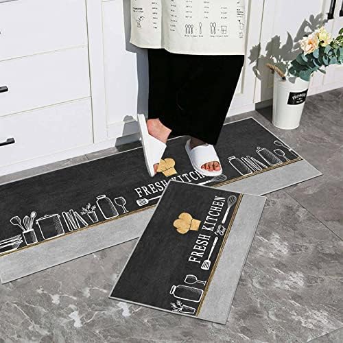 Kitchen Rug Set 2 Piece Non Slip Kitchen Mat, Kitchen Utensils Mats Rugs Washable Hallway Runner Set, Dining Room, Entryway and Door Mat Set, 40x60 + 40x120 cm (Chef Hat)